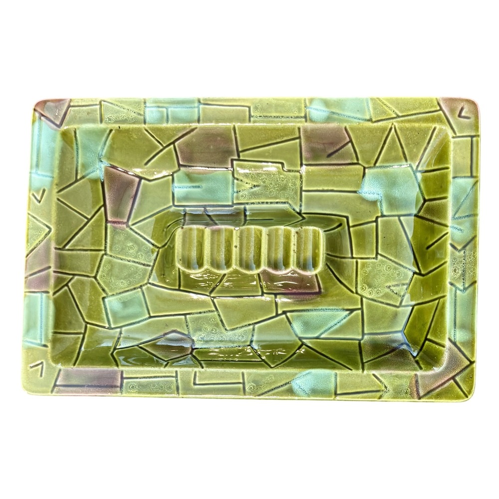 Vintage Ceramic Ashtray Unisex Large Green Geometric Mosaic Excellent Retro